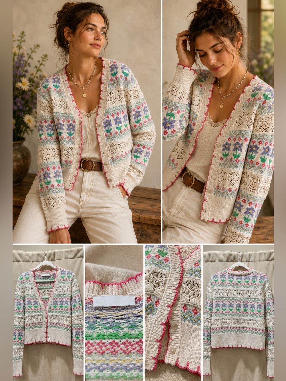 Zara Cream Open Cardigan with Pastel Floral Fair Isle and Pink Trim